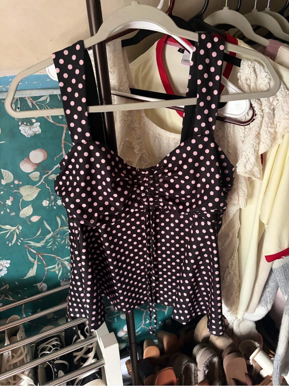 Polka Dot Sweetheart Tank Top - Black with Pink Dots